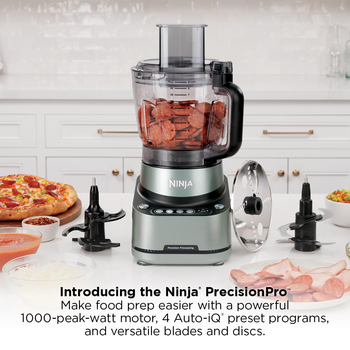 Ninja Food Processor, Professional Plus, 1000 Peak Watts, 4 Functions for Chopping, Slicing, Purees & Dough with 9-Cup Processor Bowl, 3 Blades, Food Chute & Pusher, Grey, BN601