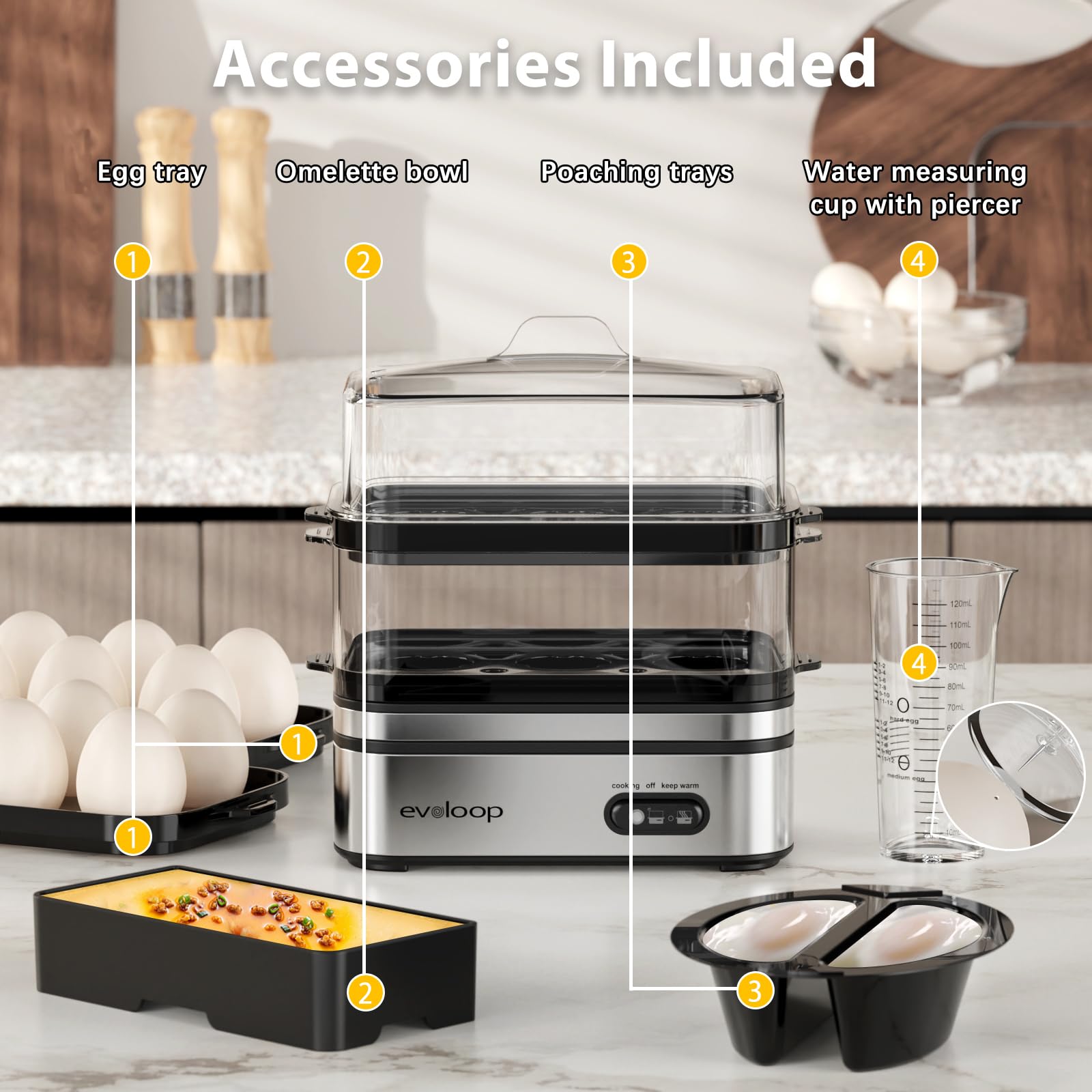 Evoloop Rapid Egg Cooker – 12-Egg Electric Cooker with Poacher, Omelet Maker & Steamer