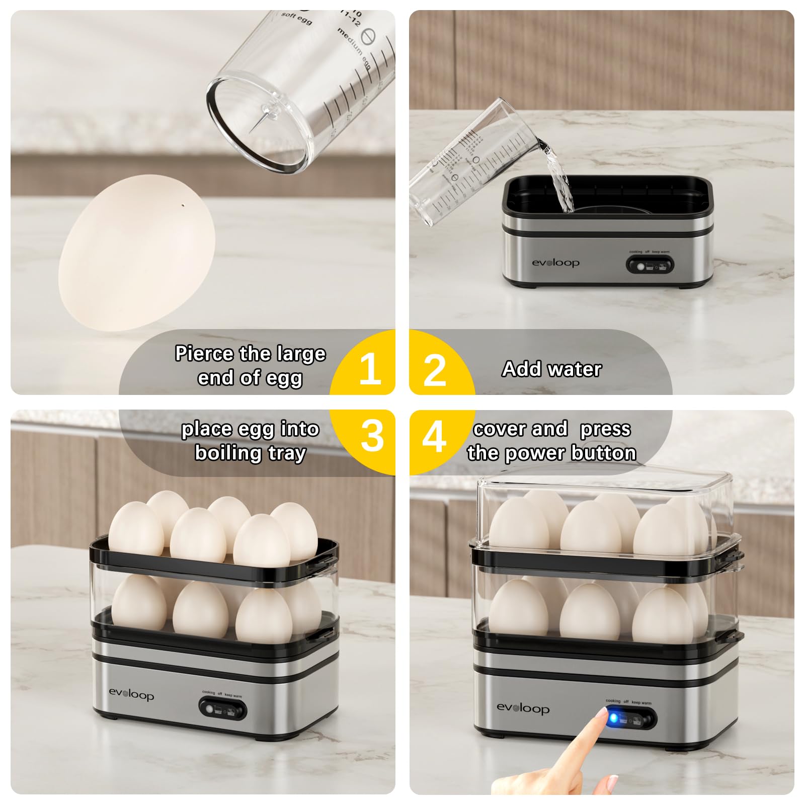Evoloop Rapid Egg Cooker – 12-Egg Electric Cooker with Poacher, Omelet Maker & Steamer