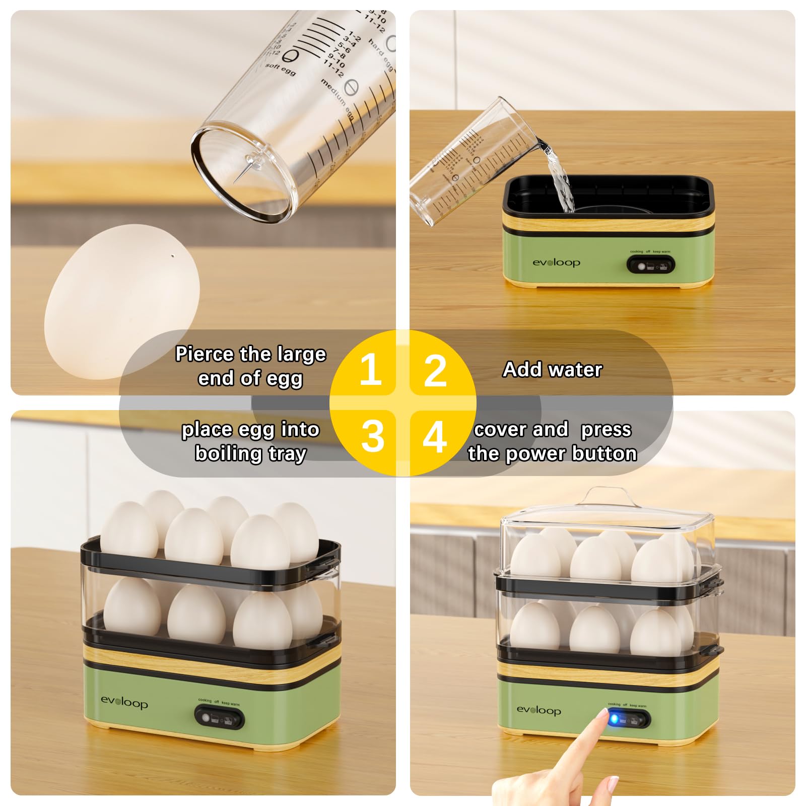 Evoloop Rapid Egg Cooker – 12-Egg Electric Cooker with Poacher, Omelet Maker & Steamer