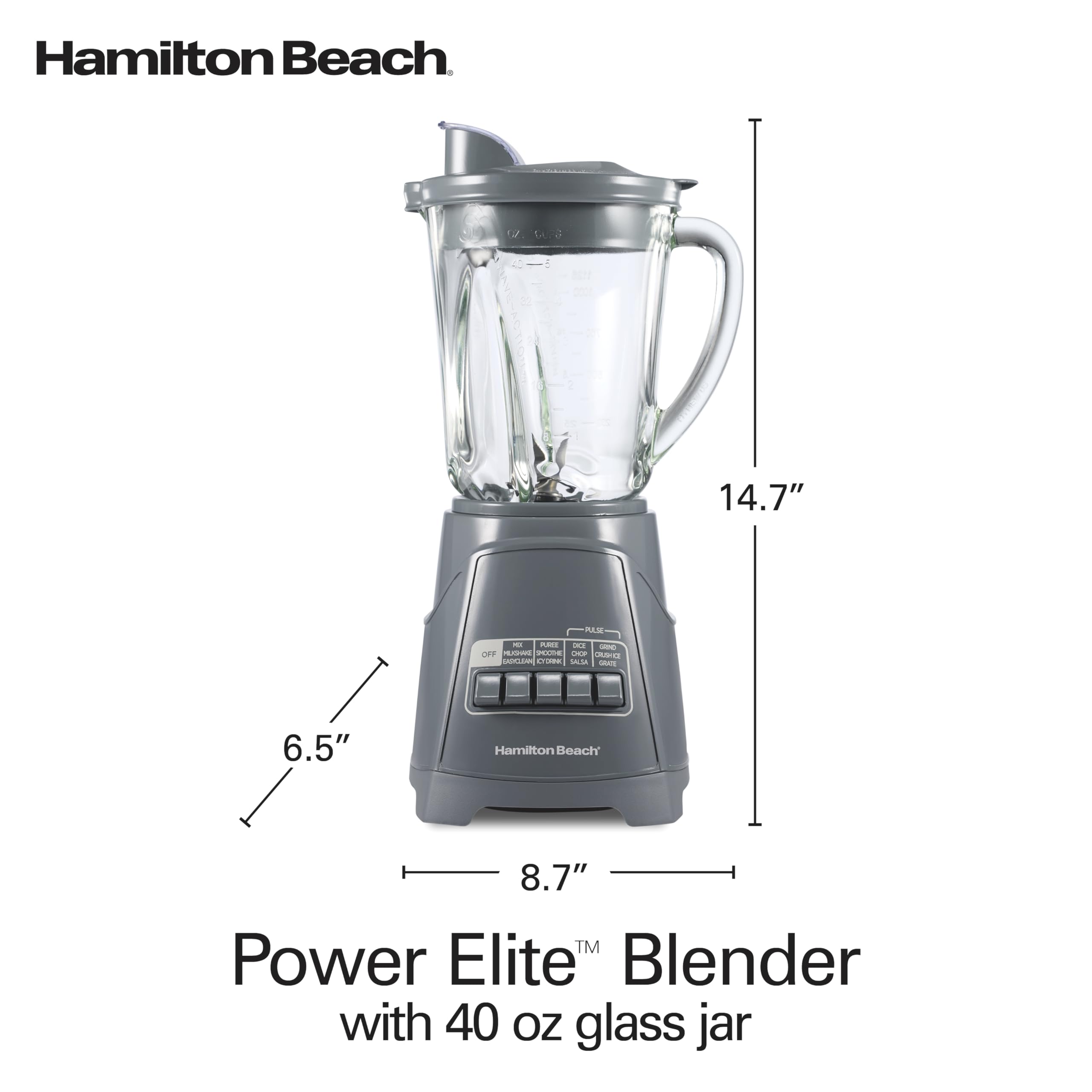 Hamilton Beach Power Elite Wave Action Blender – 700W, 40 oz Glass Jar, 12 Functions