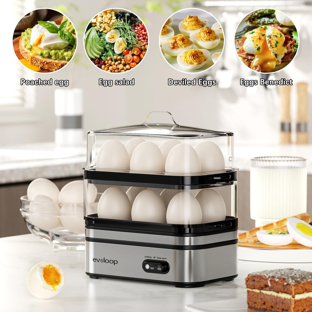 Evoloop Rapid Egg Cooker – 12-Egg Electric Cooker with Poacher, Omelet Maker & Steamer
