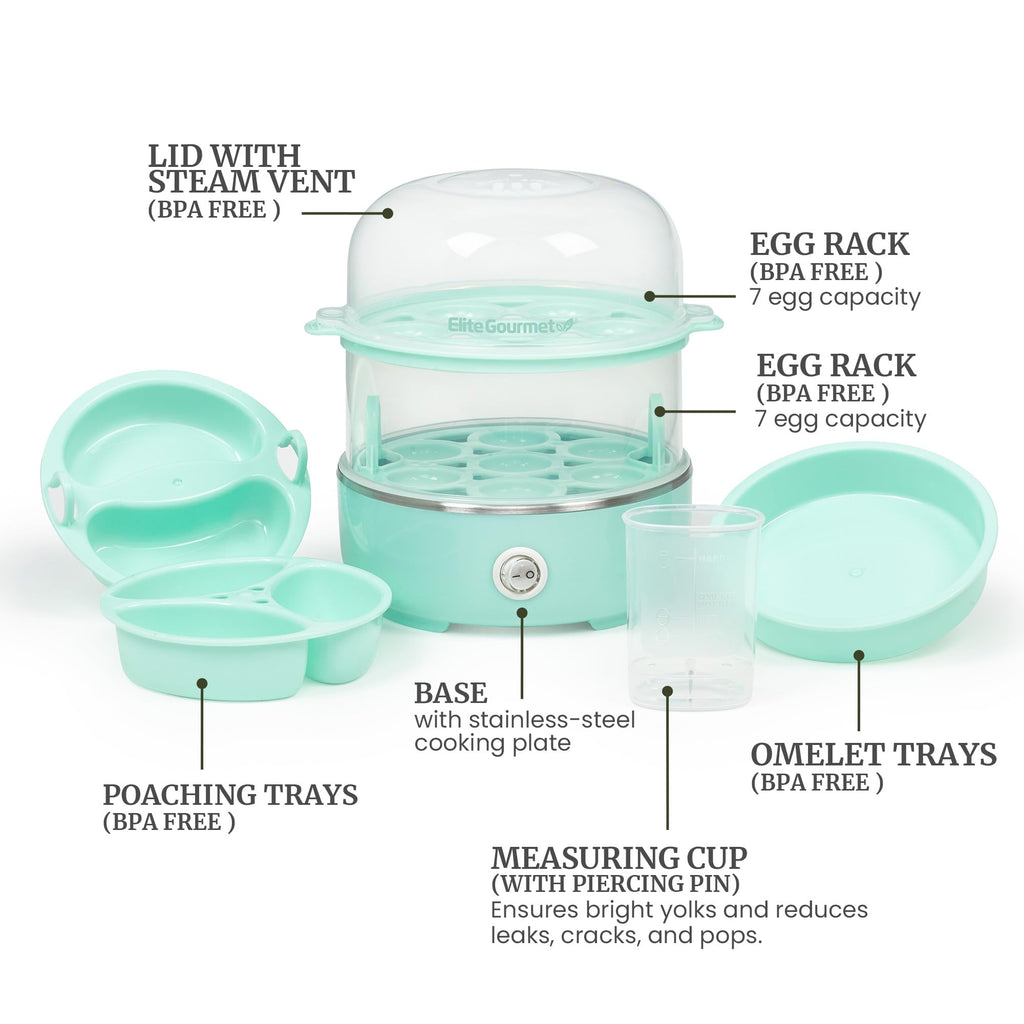 Elite Gourmet Easy Egg Cooker – 7-Egg Electric Cooker with Auto Shut-Off, Retro Mint