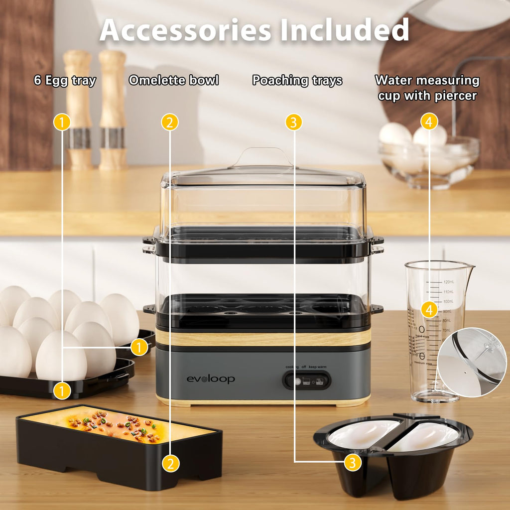 Evoloop Rapid Egg Cooker – 12-Egg Electric Cooker with Poacher, Omelet Maker & Steamer