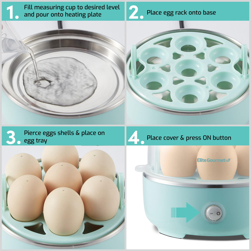 Elite Gourmet Easy Egg Cooker – 7-Egg Electric Cooker with Auto Shut-Off, Retro Mint