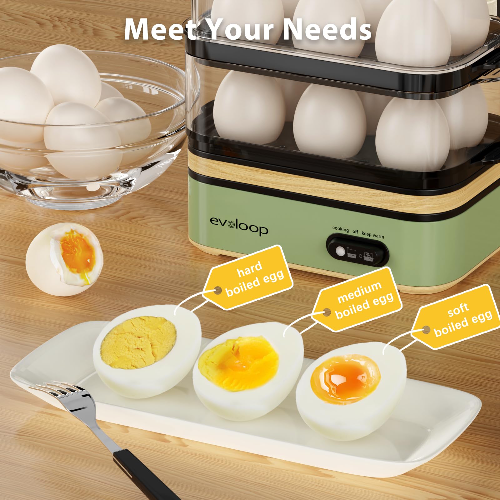 Evoloop Rapid Egg Cooker – 12-Egg Electric Cooker with Poacher, Omelet Maker & Steamer