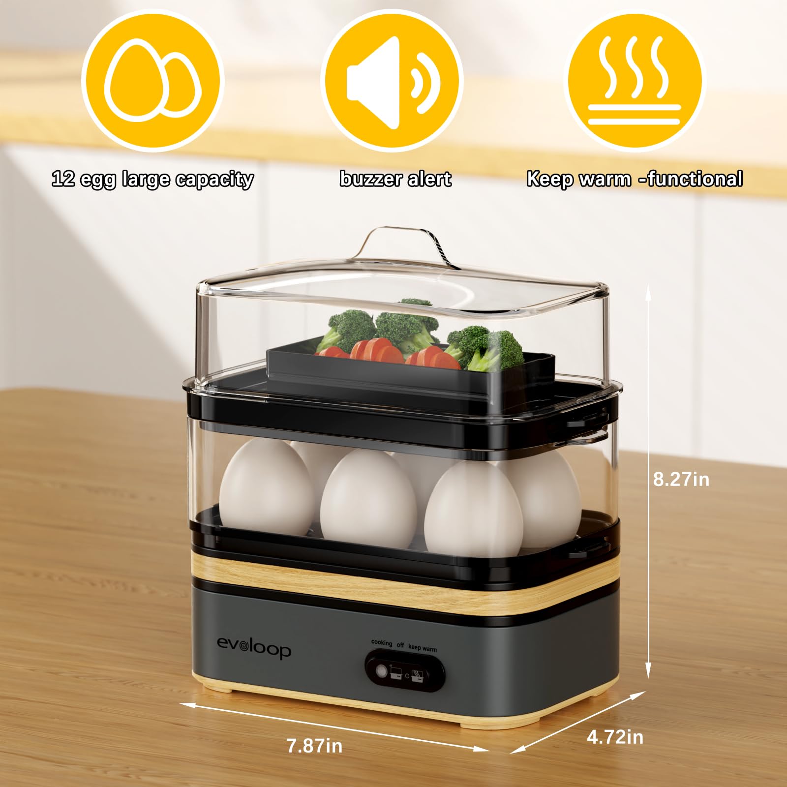 Evoloop Rapid Egg Cooker – 12-Egg Electric Cooker with Poacher, Omelet Maker & Steamer