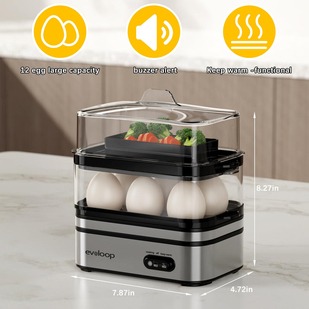 Evoloop Rapid Egg Cooker – 12-Egg Electric Cooker with Poacher, Omelet Maker & Steamer