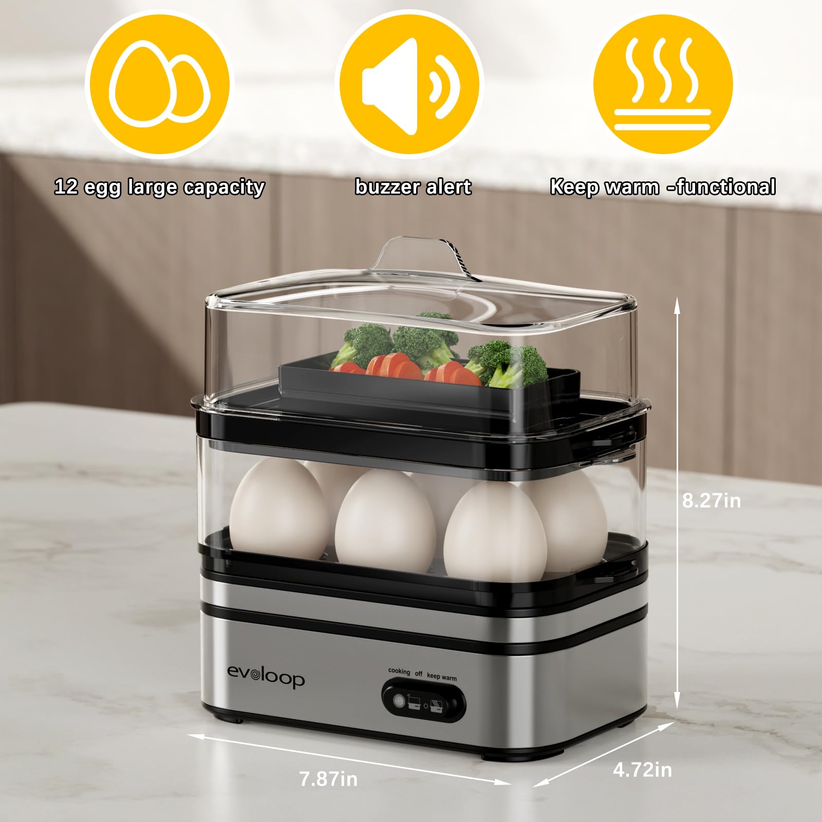 Evoloop Rapid Egg Cooker – 12-Egg Electric Cooker with Poacher, Omelet Maker & Steamer