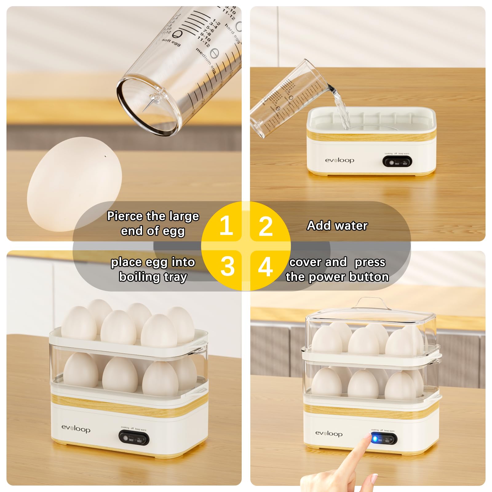 Evoloop Rapid Egg Cooker – 12-Egg Electric Cooker with Poacher, Omelet Maker & Steamer