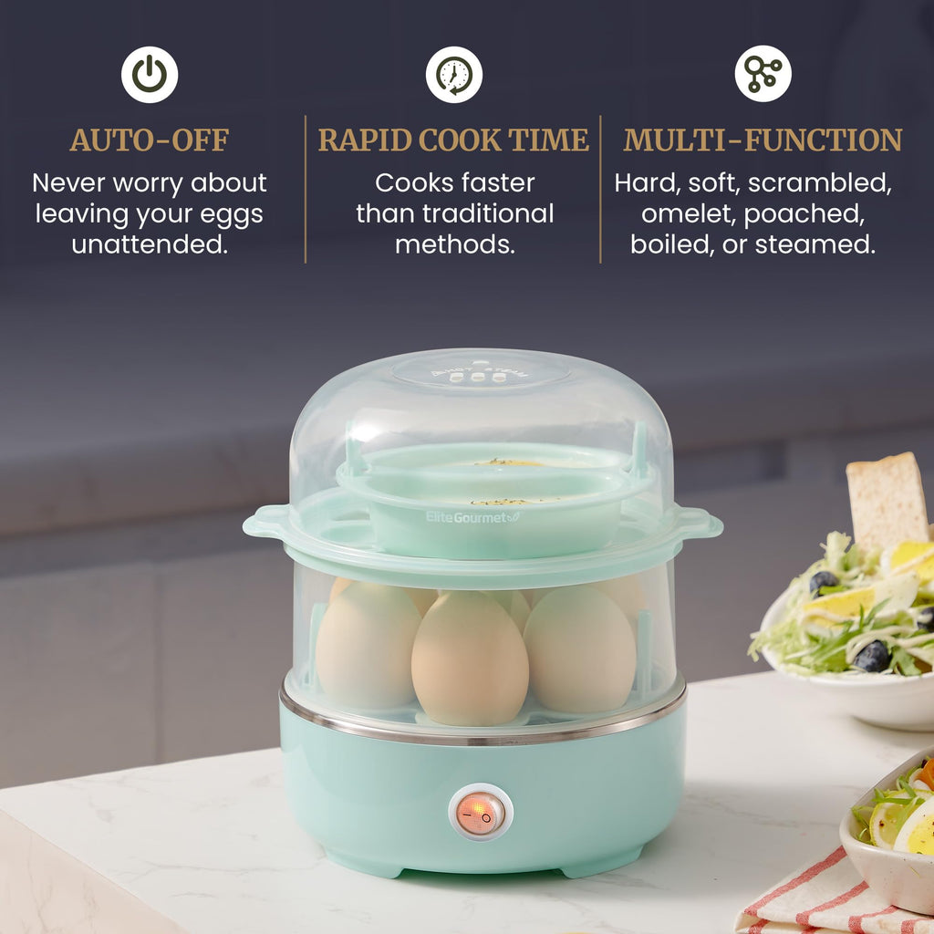 Elite Gourmet Easy Egg Cooker – 7-Egg Electric Cooker with Auto Shut-Off, Retro Mint