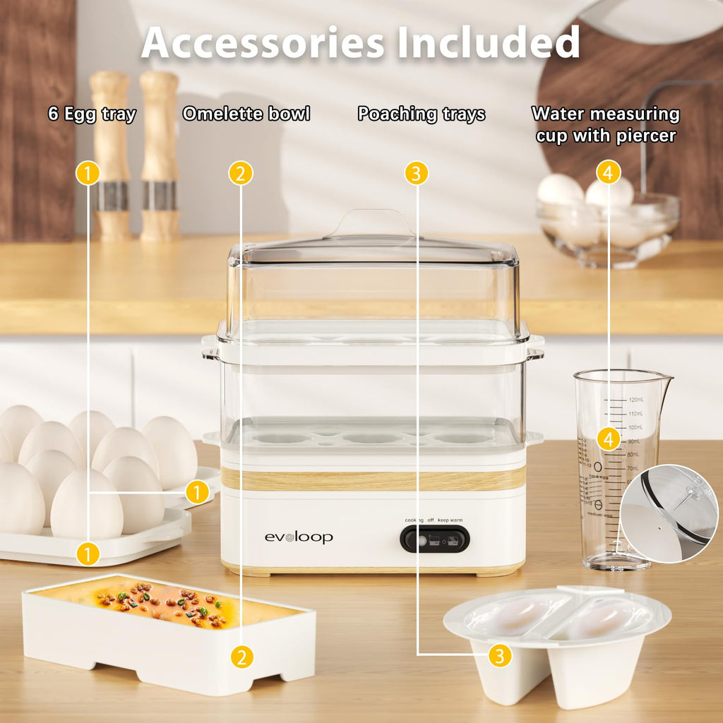 Evoloop Rapid Egg Cooker – 12-Egg Electric Cooker with Poacher, Omelet Maker & Steamer