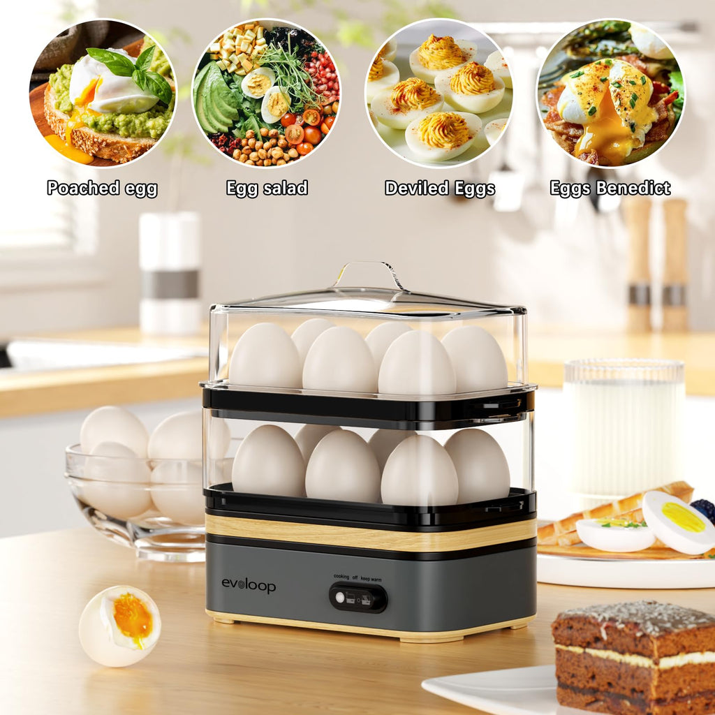 Evoloop Rapid Egg Cooker – 12-Egg Electric Cooker with Poacher, Omelet Maker & Steamer