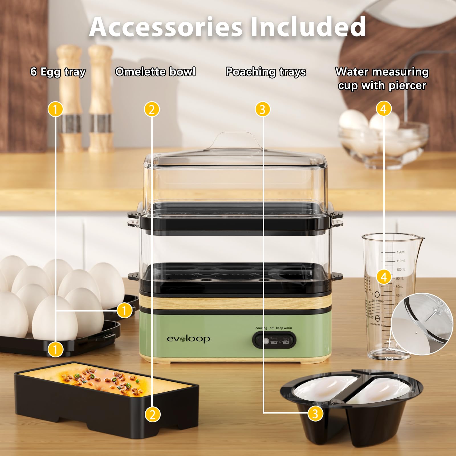 Evoloop Rapid Egg Cooker – 12-Egg Electric Cooker with Poacher, Omelet Maker & Steamer