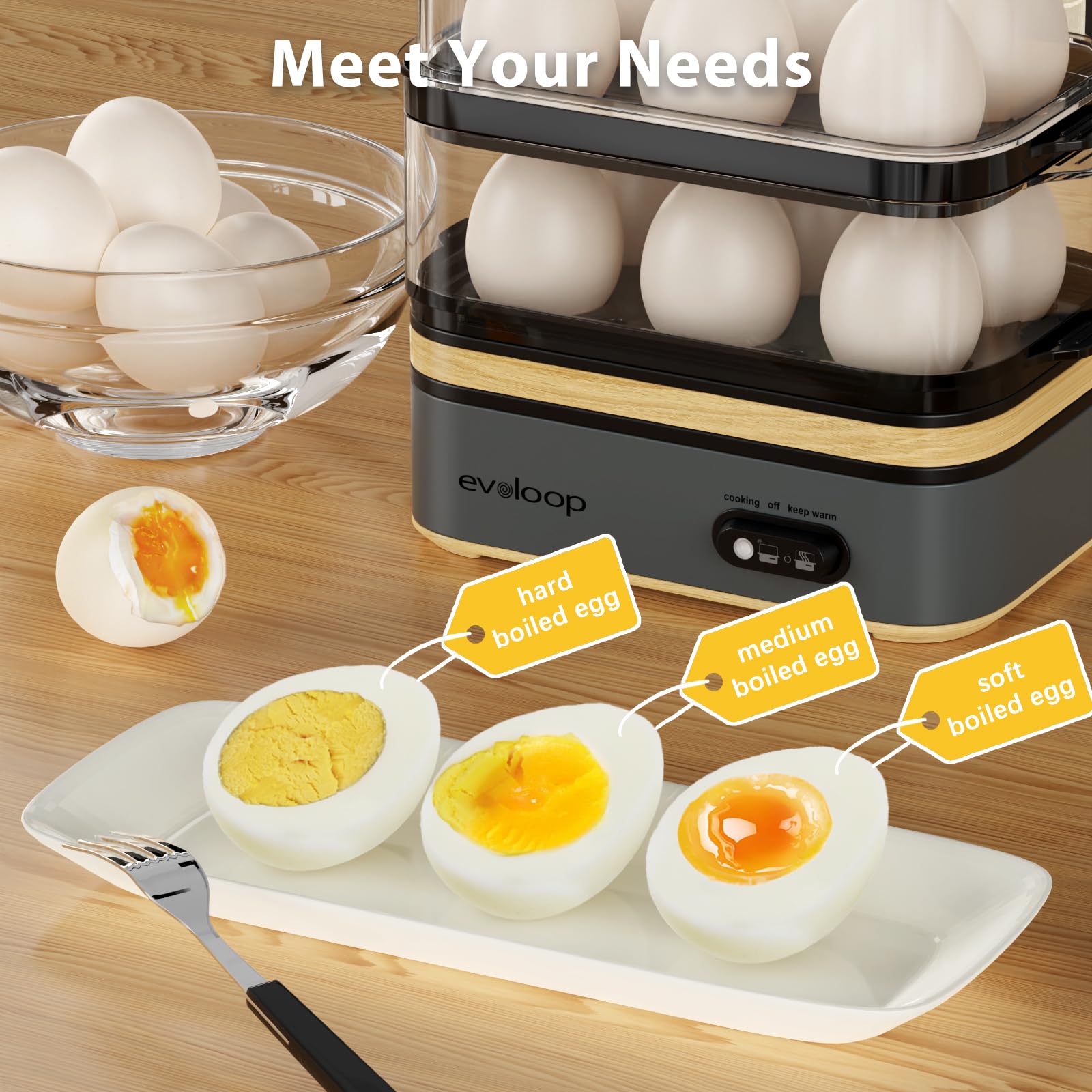 Evoloop Rapid Egg Cooker – 12-Egg Electric Cooker with Poacher, Omelet Maker & Steamer