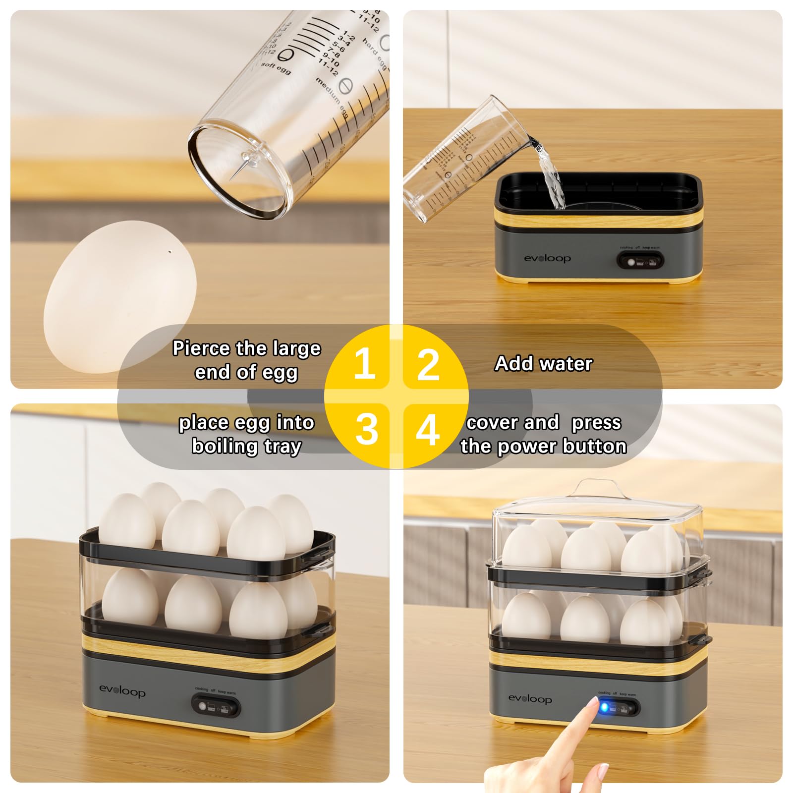 Evoloop Rapid Egg Cooker – 12-Egg Electric Cooker with Poacher, Omelet Maker & Steamer