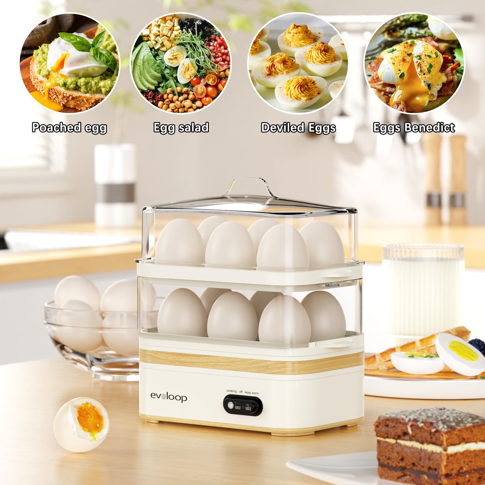 Evoloop Rapid Egg Cooker – 12-Egg Electric Cooker with Poacher, Omelet Maker & Steamer