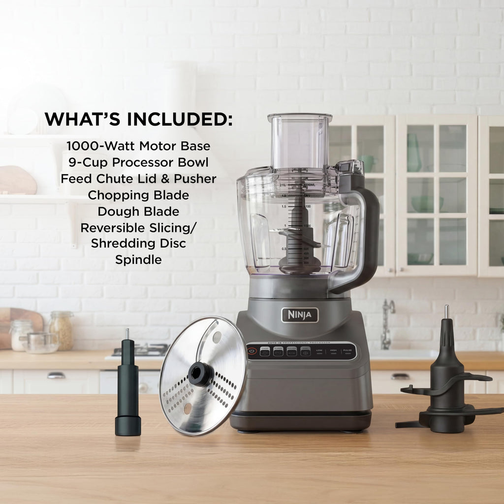 Ninja Food Processor, Professional Plus, 1000 Peak Watts, 4 Functions for Chopping, Slicing, Purees & Dough with 9-Cup Processor Bowl, 3 Blades, Food Chute & Pusher, Grey, BN601